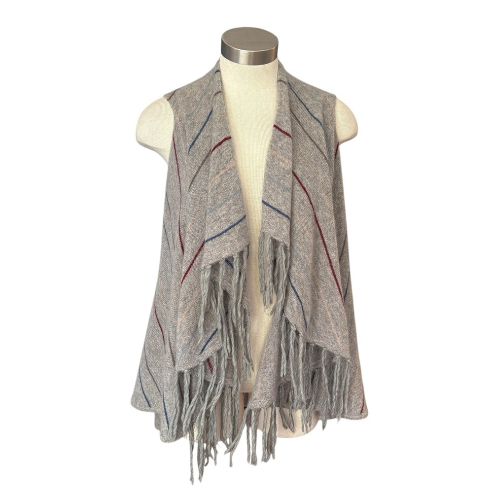 Subtle Luxury Cashmere Womens Vest Cardigan Fringe Open Front Stripes Sz M/L